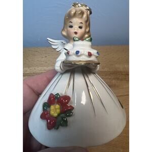 Vtg JOSEF ORIGINALS Christmas Angel Poinsettia Cake Ornamental Decor Ceramic